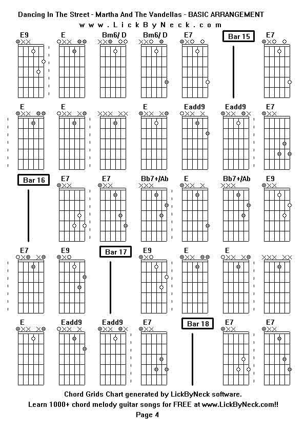 Chord Grids Chart of chord melody fingerstyle guitar song-Dancing In The Street - Martha And The Vandellas - BASIC ARRANGEMENT,generated by LickByNeck software.